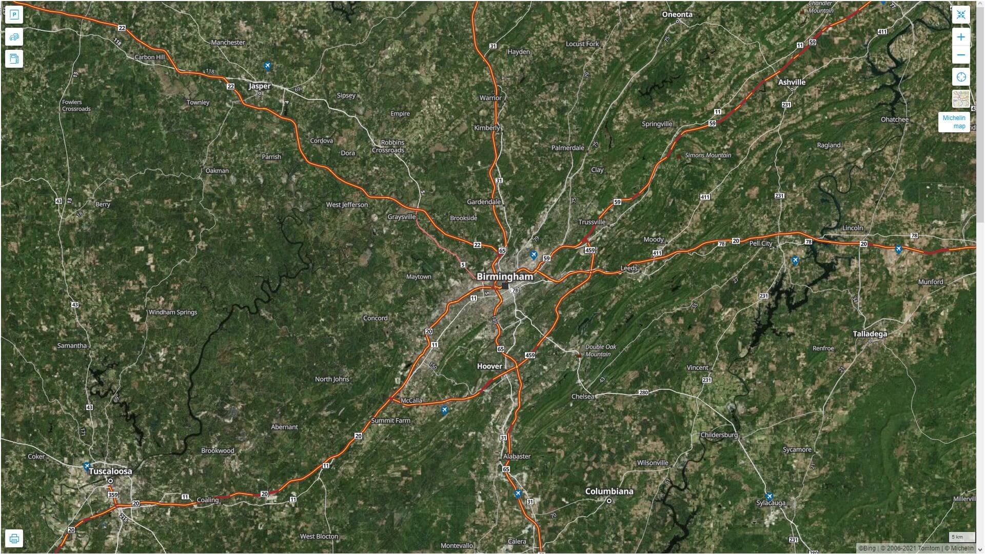 Birmingham Alabama Highway and Road Map with Satellite View
